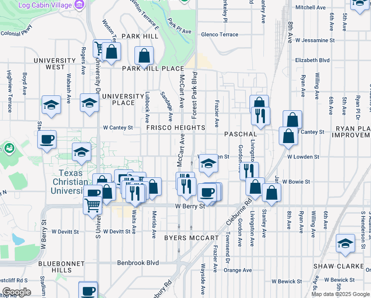 map of restaurants, bars, coffee shops, grocery stores, and more near 2817 McCart Avenue in Fort Worth