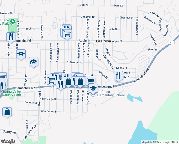 map of restaurants, bars, coffee shops, grocery stores, and more near 719 La Presa Avenue in Spring Valley