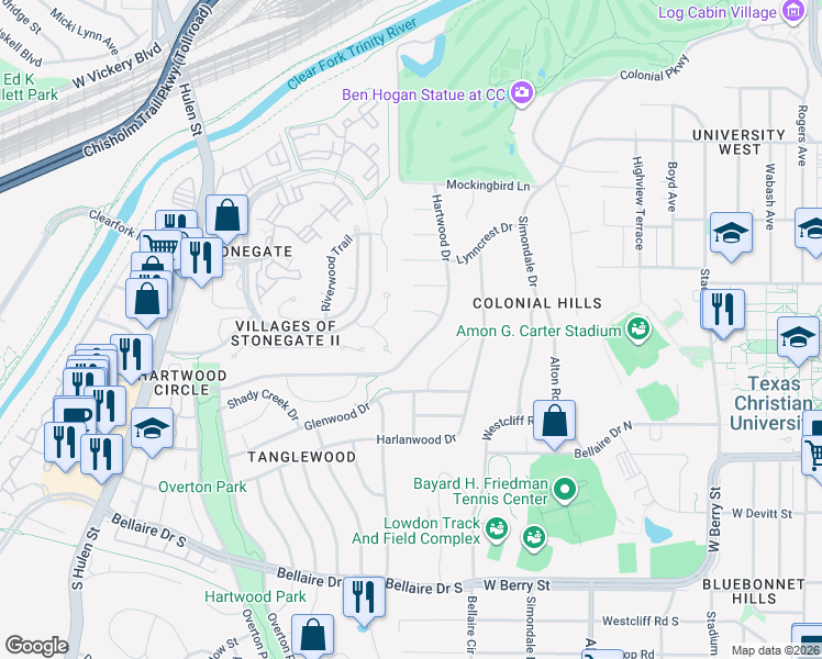map of restaurants, bars, coffee shops, grocery stores, and more near 2916 Hartwood Drive in Fort Worth