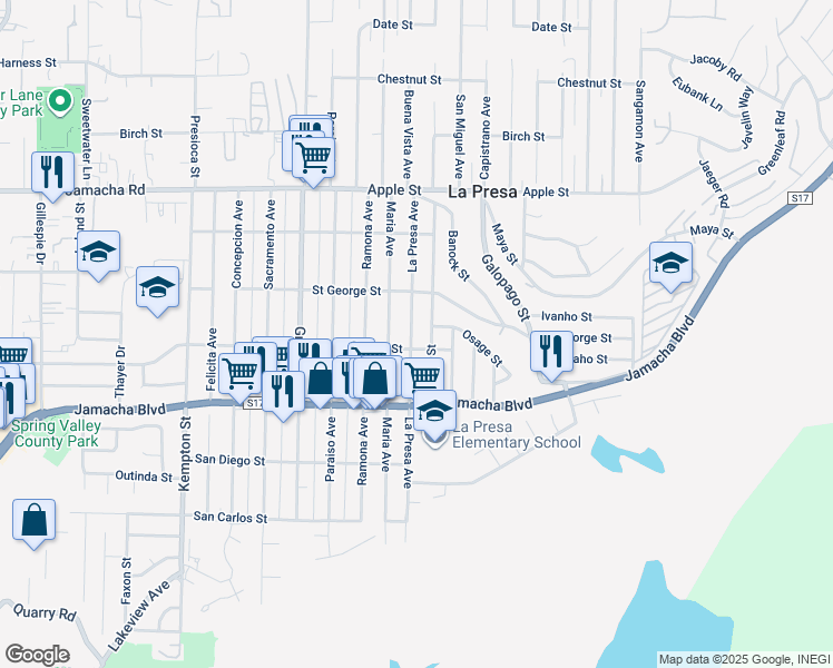 map of restaurants, bars, coffee shops, grocery stores, and more near 719 La Presa Avenue in Spring Valley