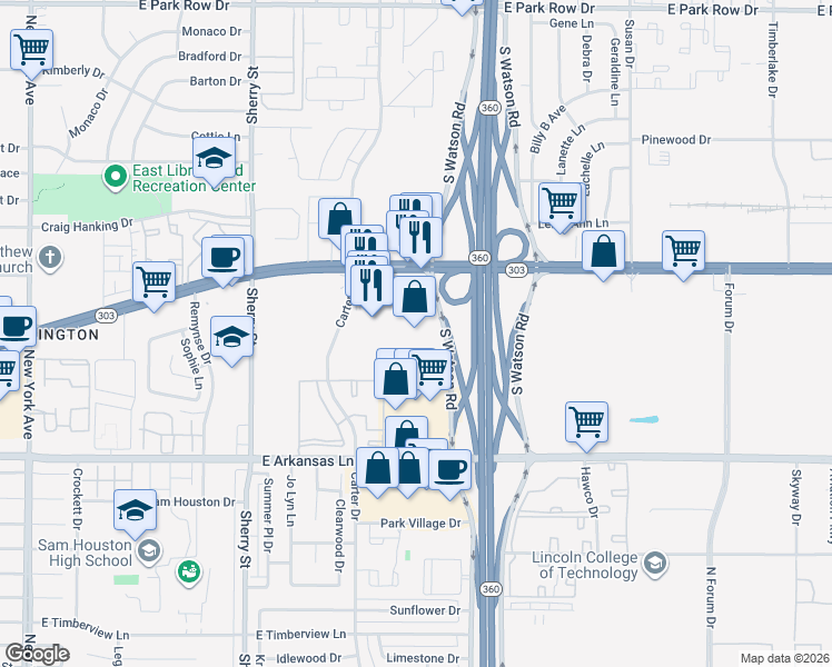 map of restaurants, bars, coffee shops, grocery stores, and more near 2540 East Pioneer Parkway in Arlington