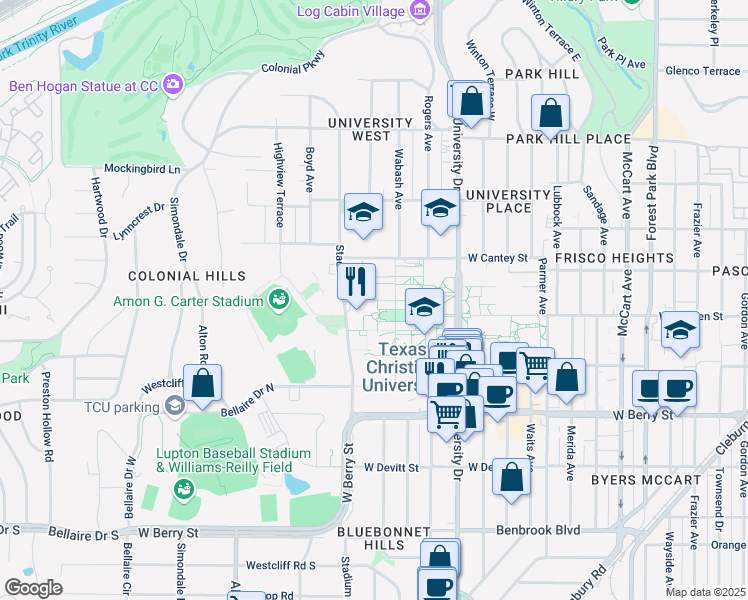 map of restaurants, bars, coffee shops, grocery stores, and more near 3205 Main Drive in Fort Worth