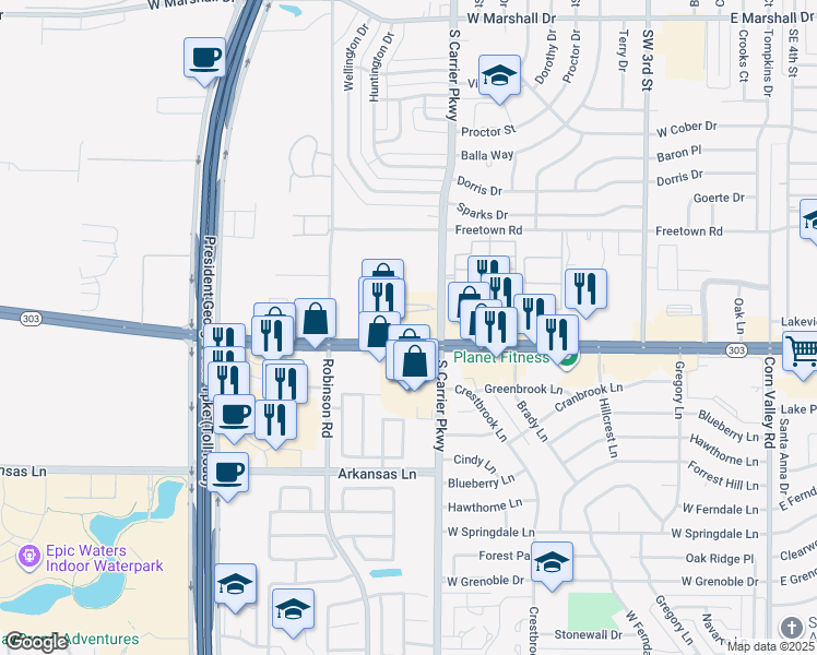 map of restaurants, bars, coffee shops, grocery stores, and more near 810 West Pioneer Parkway in Grand Prairie