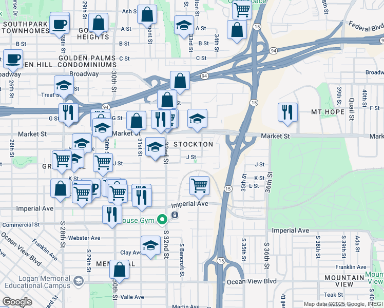map of restaurants, bars, coffee shops, grocery stores, and more near 3274 J Street in San Diego