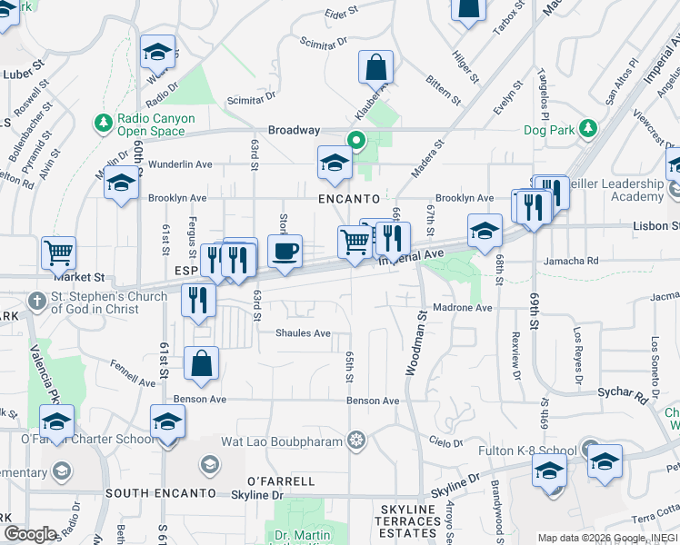 map of restaurants, bars, coffee shops, grocery stores, and more near 6493 Imperial Avenue in San Diego