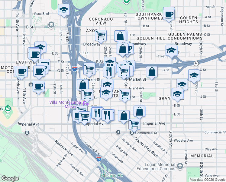 map of restaurants, bars, coffee shops, grocery stores, and more near 2403 Island Avenue in San Diego