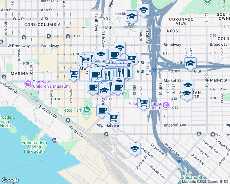 map of restaurants, bars, coffee shops, grocery stores, and more near in San Diego