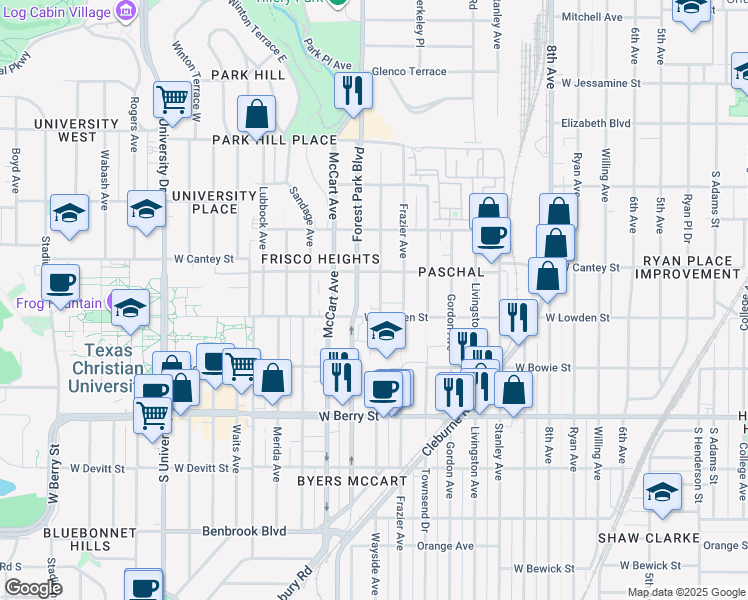 map of restaurants, bars, coffee shops, grocery stores, and more near 2816 Wayside Avenue in Fort Worth