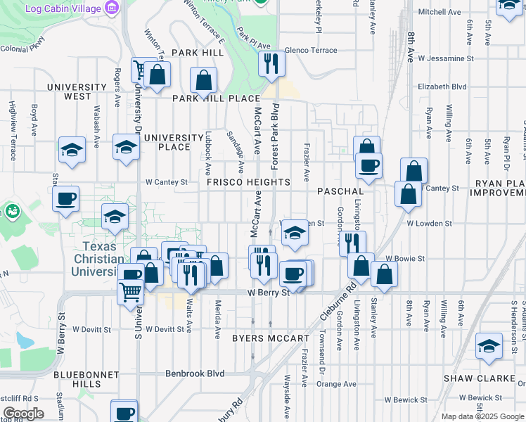 map of restaurants, bars, coffee shops, grocery stores, and more near 2817 McCart Avenue in Fort Worth