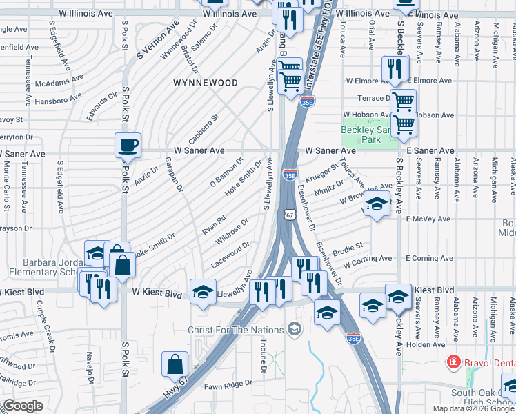 map of restaurants, bars, coffee shops, grocery stores, and more near 534 Ryan Road in Dallas