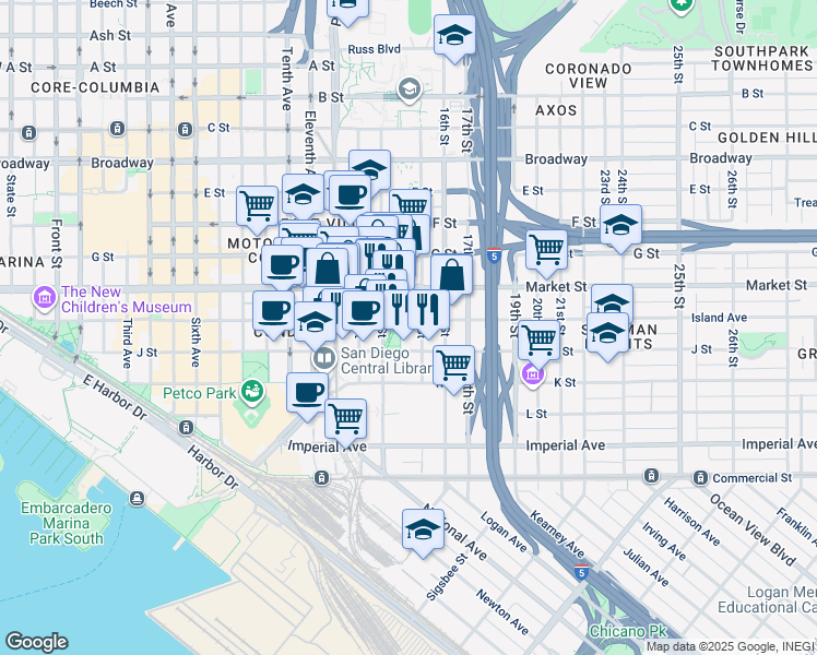 map of restaurants, bars, coffee shops, grocery stores, and more near 1475 Island Avenue in San Diego