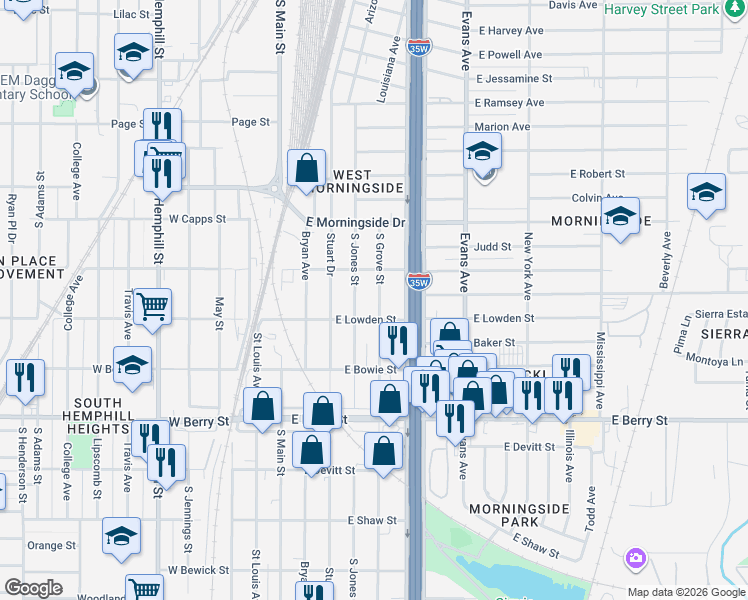 map of restaurants, bars, coffee shops, grocery stores, and more near 2821 South Jones Street in Fort Worth