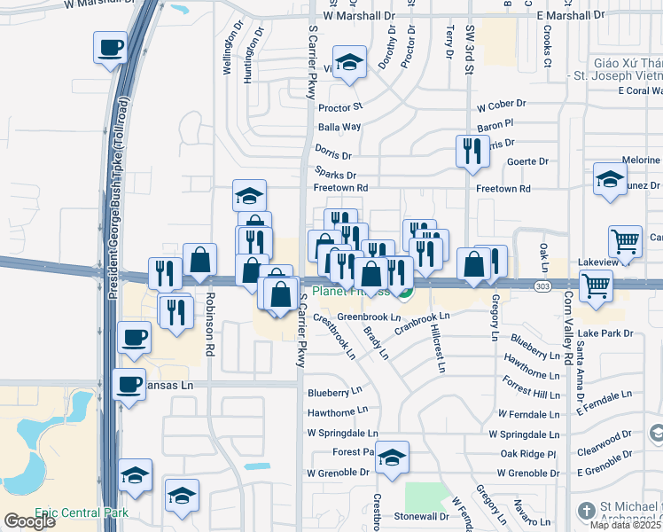 map of restaurants, bars, coffee shops, grocery stores, and more near 692 West Pioneer Parkway in Grand Prairie