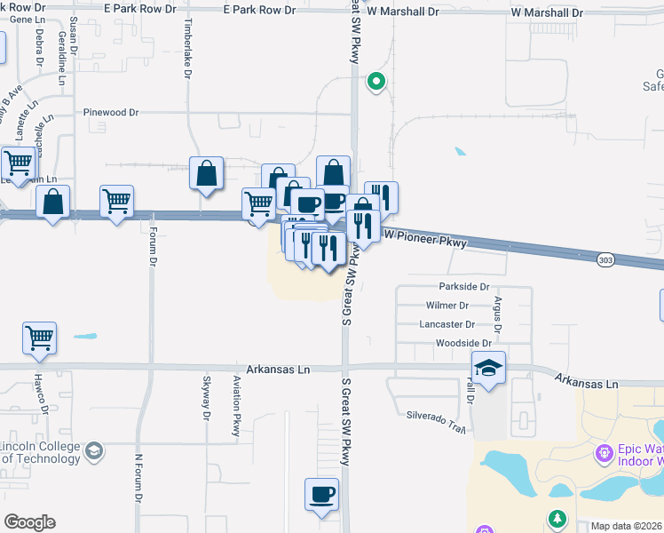 map of restaurants, bars, coffee shops, grocery stores, and more near 2384 South Great Southwest Parkway in Grand Prairie