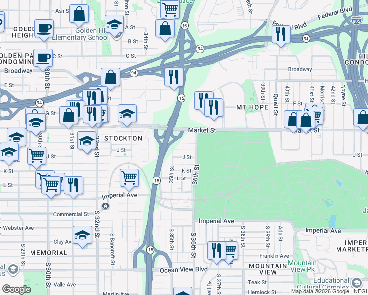 map of restaurants, bars, coffee shops, grocery stores, and more near 3173 K Street in San Diego