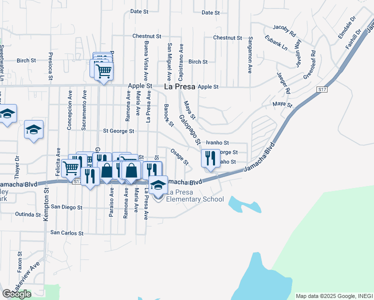 map of restaurants, bars, coffee shops, grocery stores, and more near 9687 Saint George Street in Spring Valley