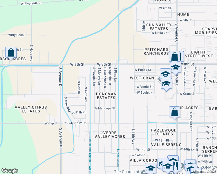 map of restaurants, bars, coffee shops, grocery stores, and more near 8213-8277 South Coconino Lane in Yuma