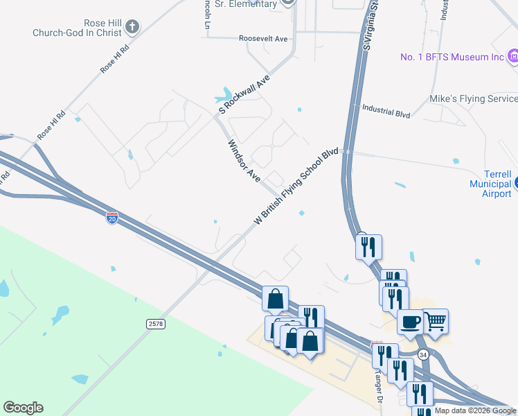 map of restaurants, bars, coffee shops, grocery stores, and more near 320 Farm to Market Road 2578 in Terrell
