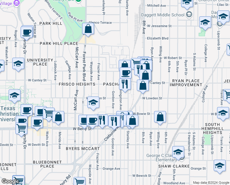 map of restaurants, bars, coffee shops, grocery stores, and more near 2825 Gordon Avenue in Fort Worth
