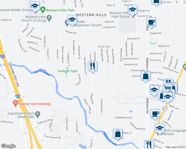 map of restaurants, bars, coffee shops, grocery stores, and more near 4300 Plantation Drive in Benbrook