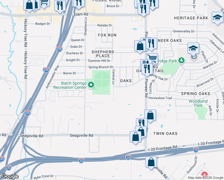 map of restaurants, bars, coffee shops, grocery stores, and more near 4401 Central Lane in Balch Springs