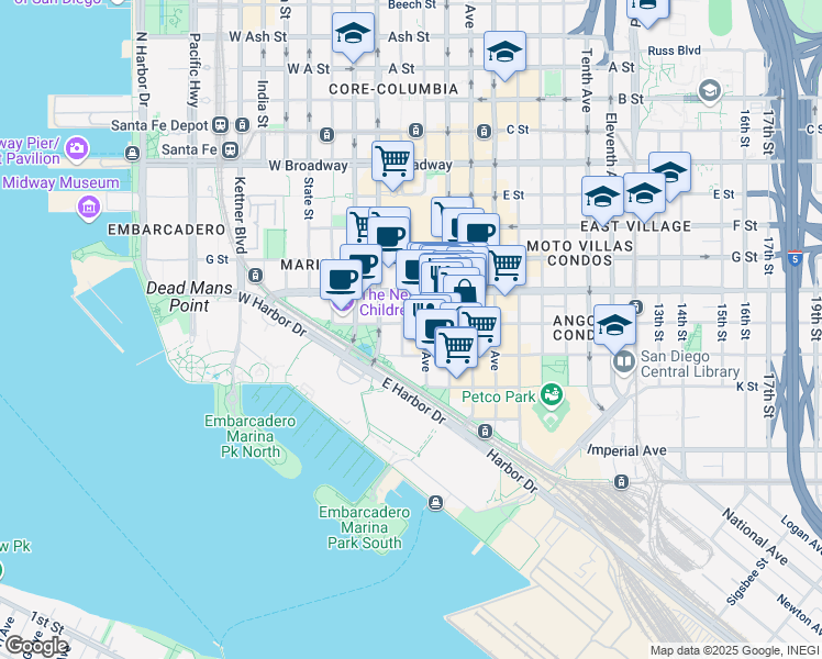 map of restaurants, bars, coffee shops, grocery stores, and more near 502 3rd Avenue in San Diego