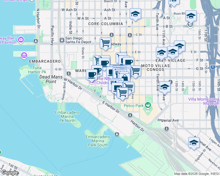 map of restaurants, bars, coffee shops, grocery stores, and more near 221 Island Avenue in San Diego