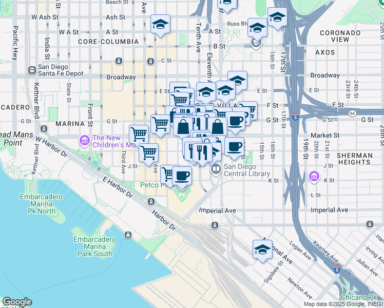 map of restaurants, bars, coffee shops, grocery stores, and more near in San Diego