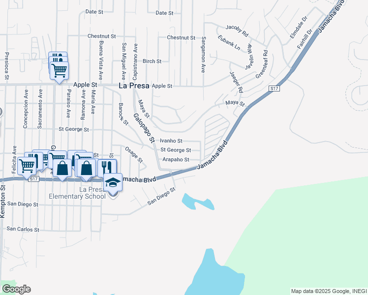 map of restaurants, bars, coffee shops, grocery stores, and more near 9820 Saint George Street in Spring Valley