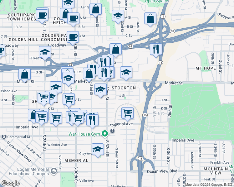 map of restaurants, bars, coffee shops, grocery stores, and more near 425 Bancroft Street in San Diego