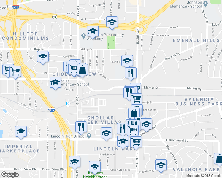 map of restaurants, bars, coffee shops, grocery stores, and more near 4904 Market Street in San Diego