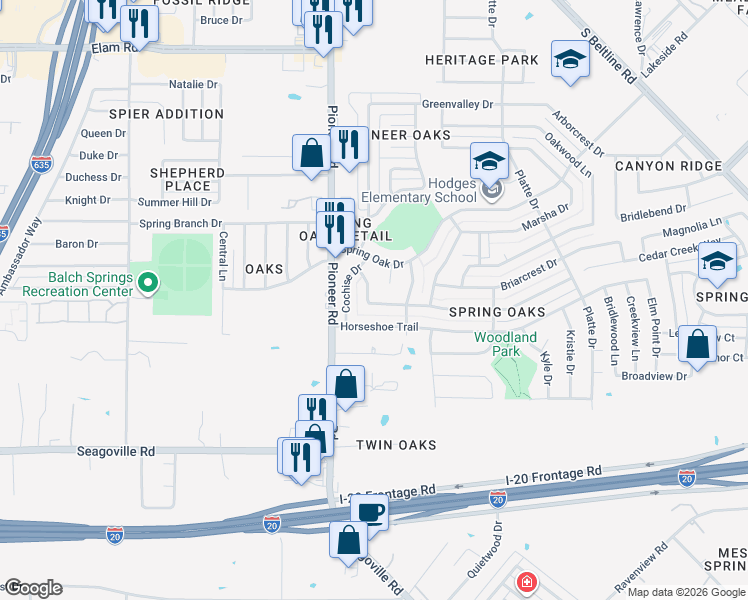 map of restaurants, bars, coffee shops, grocery stores, and more near 14001 Cimarron Drive in Balch Springs