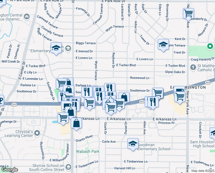 map of restaurants, bars, coffee shops, grocery stores, and more near 1204 Darlene Lane in Arlington