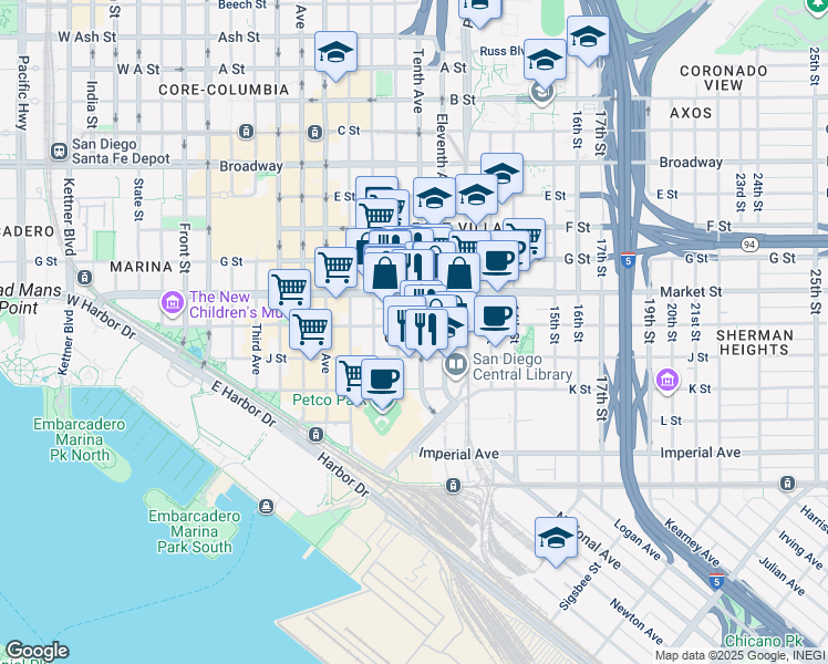 map of restaurants, bars, coffee shops, grocery stores, and more near 985 Island Avenue in San Diego