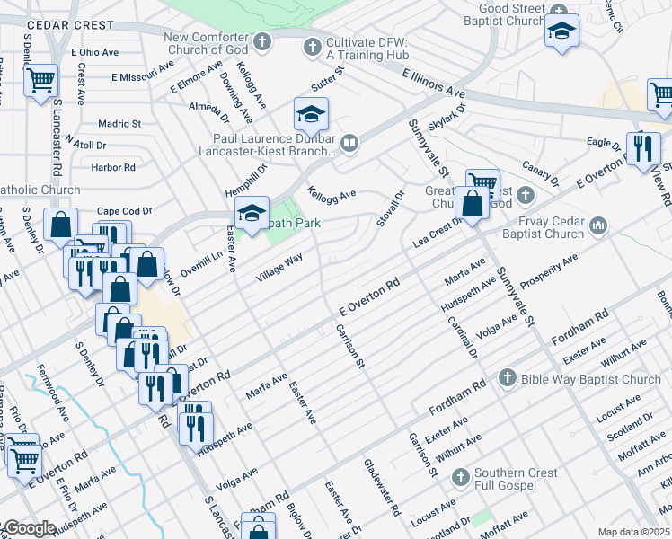 map of restaurants, bars, coffee shops, grocery stores, and more near 2430 Stovall Drive in Dallas