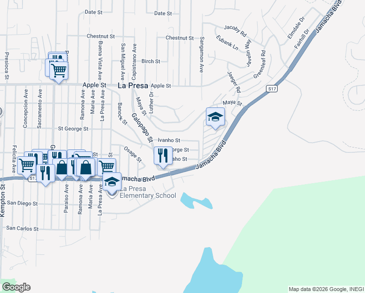 map of restaurants, bars, coffee shops, grocery stores, and more near 9820 Saint George Street in Spring Valley