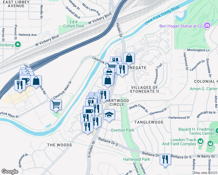 map of restaurants, bars, coffee shops, grocery stores, and more near 2820 South Hulen Street in Fort Worth