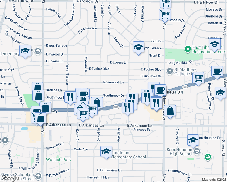 map of restaurants, bars, coffee shops, grocery stores, and more near 1504 Darlene Lane in Arlington