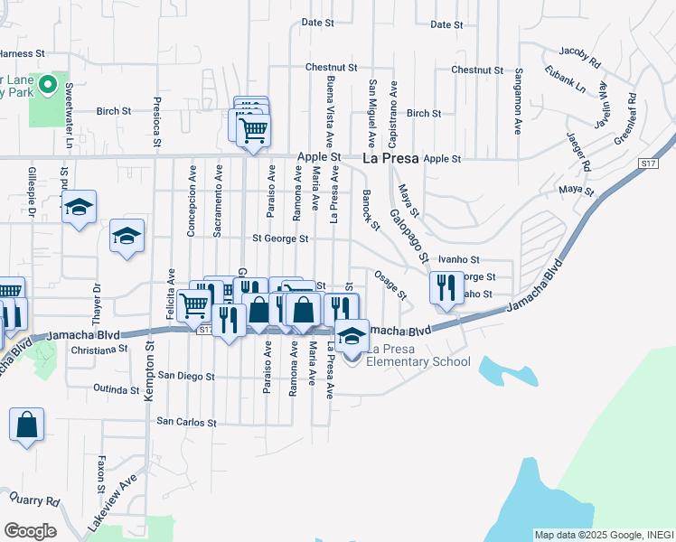 map of restaurants, bars, coffee shops, grocery stores, and more near 734 Pecos Street in Spring Valley