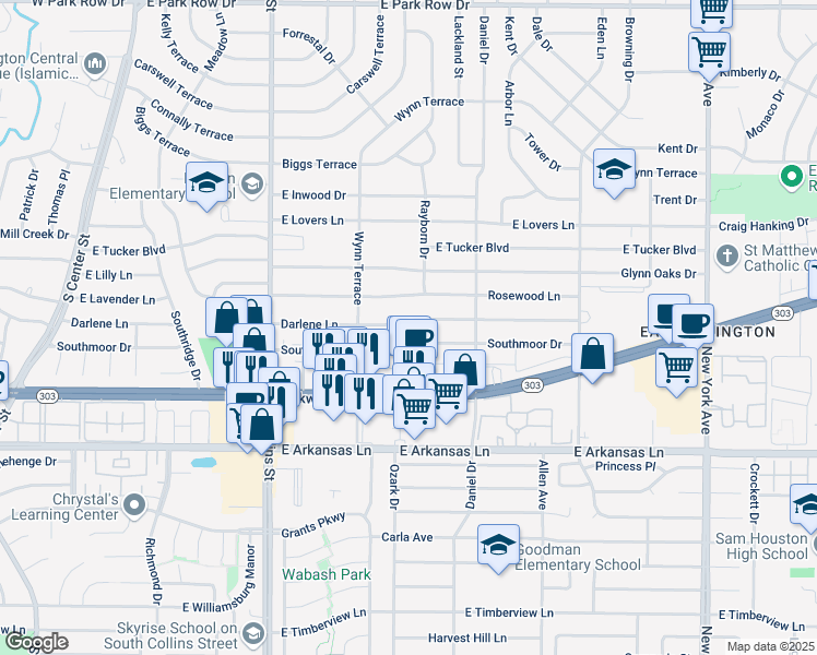 map of restaurants, bars, coffee shops, grocery stores, and more near 1204 Darlene Lane in Arlington