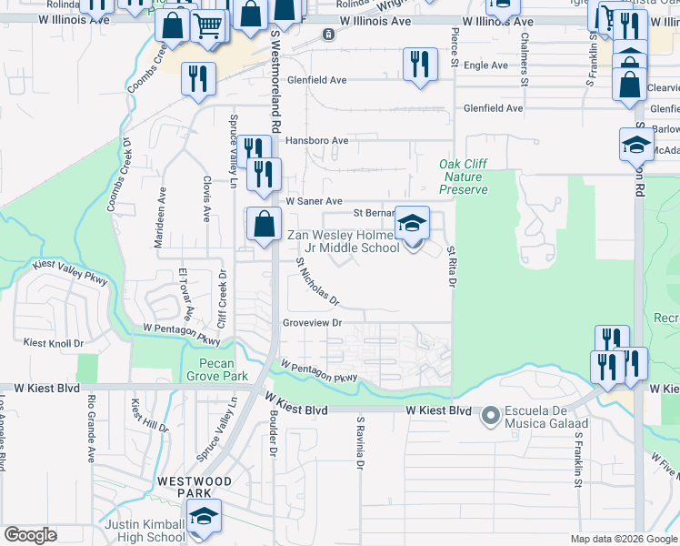 map of restaurants, bars, coffee shops, grocery stores, and more near 3026 Saint Brigid Drive in Dallas