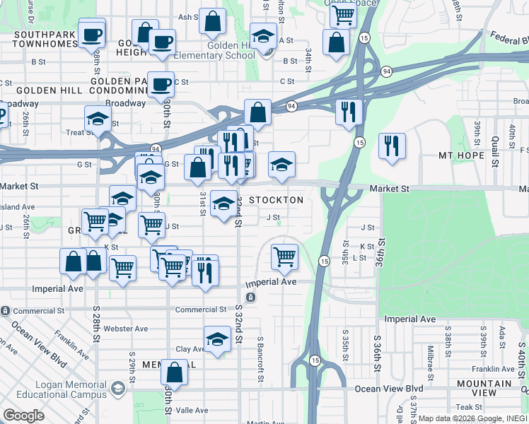 map of restaurants, bars, coffee shops, grocery stores, and more near 3274 J Street in San Diego