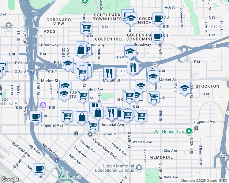 map of restaurants, bars, coffee shops, grocery stores, and more near 2675 Island Avenue in San Diego