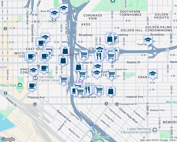map of restaurants, bars, coffee shops, grocery stores, and more near 2200 Island Avenue in San Diego