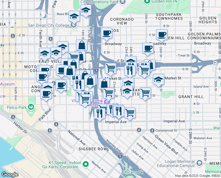 map of restaurants, bars, coffee shops, grocery stores, and more near 2017 Island Avenue in San Diego