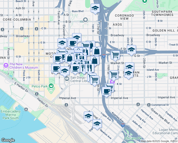 map of restaurants, bars, coffee shops, grocery stores, and more near 1501 Island Avenue in San Diego