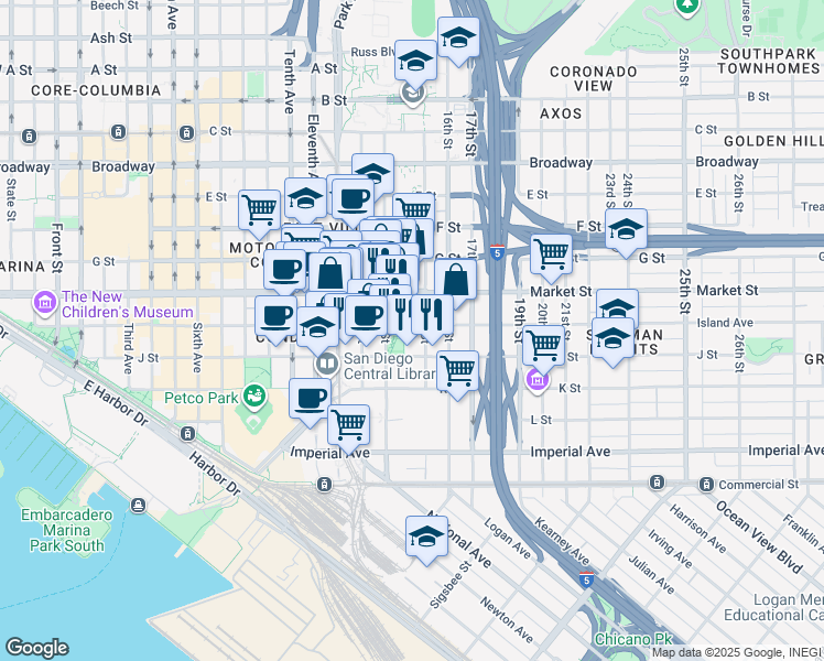 map of restaurants, bars, coffee shops, grocery stores, and more near 501 14th Street in San Diego