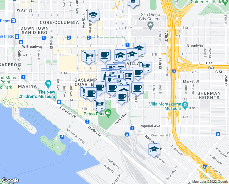 map of restaurants, bars, coffee shops, grocery stores, and more near 887 Island Avenue in San Diego