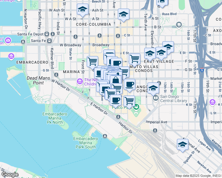 map of restaurants, bars, coffee shops, grocery stores, and more near 435 Island Avenue in San Diego