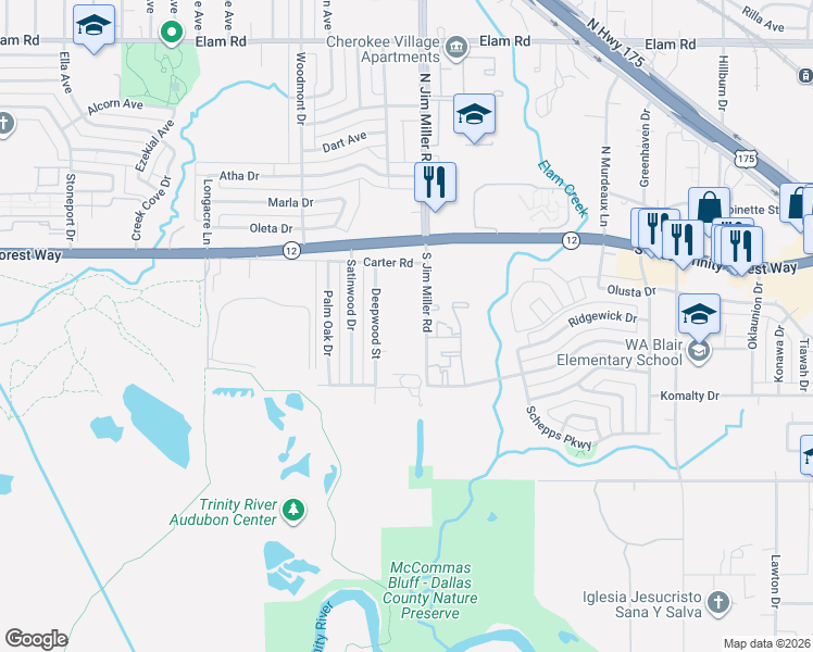 map of restaurants, bars, coffee shops, grocery stores, and more near 215 South Jim Miller Road in Dallas